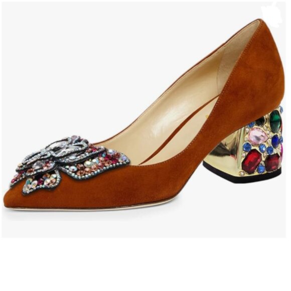 YDN Brown Suede Pointed Toe Bow Pumps Rhinestone Block Low Heel Butterfly Shoes - Picture 1 of 8